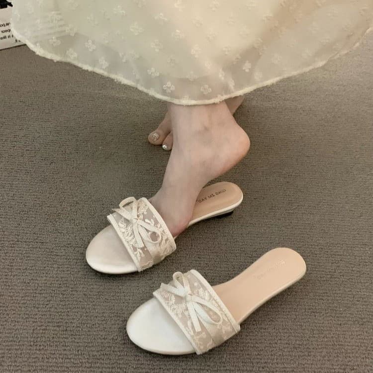 Korean Style Mesh Butterfly Bow Wedge Sandals for Women, Open Toe, Daily Lace Outdoor Slippers, Comfortable and Sweet 2026