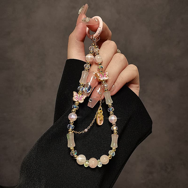 Retro Chinese style bamboo beaded mobile phone chain lucky star high shine tassel crystal hanging chain wrist pendant mobile phone lanyard