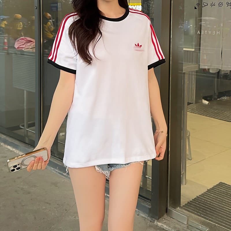 High-Quality Three-Stripe Pure Cotton Short-Sleeve T-Shirt Unisex Casual Trendy Versatile Sportswear Half-Sleeve T-Shirt with Embroidery