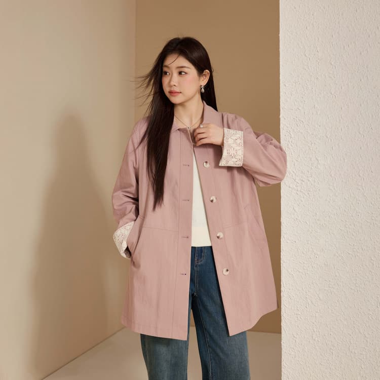 【Youthful Lace-Trimmed Trench Coat】Slim & Stylish Plus Size Women's Outerwear, 2025 Autumn New Arrival
