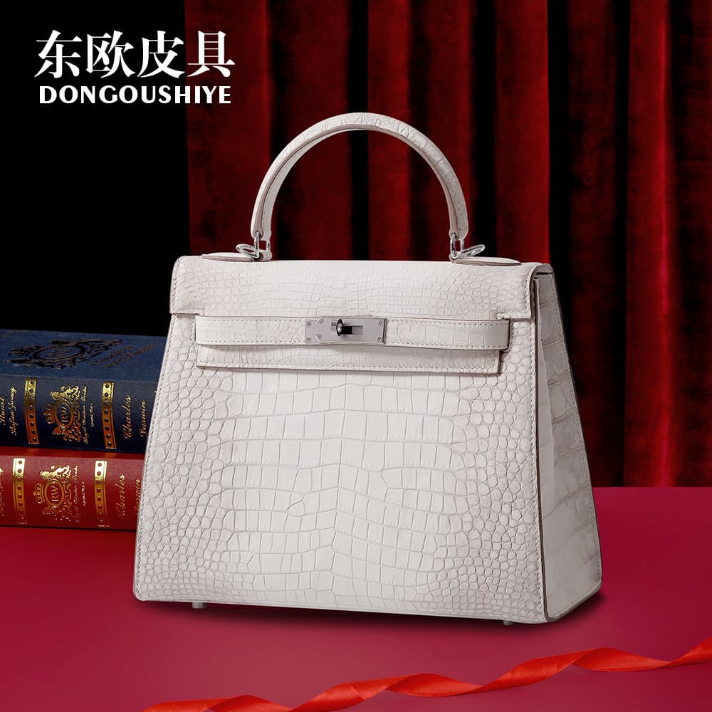 25cm Semi-Handcrafted Siamese Crocodile Belly Second-Generation Kelly Bag Genuine Leather Himalayan White Handbag Crossbody Bag for Women