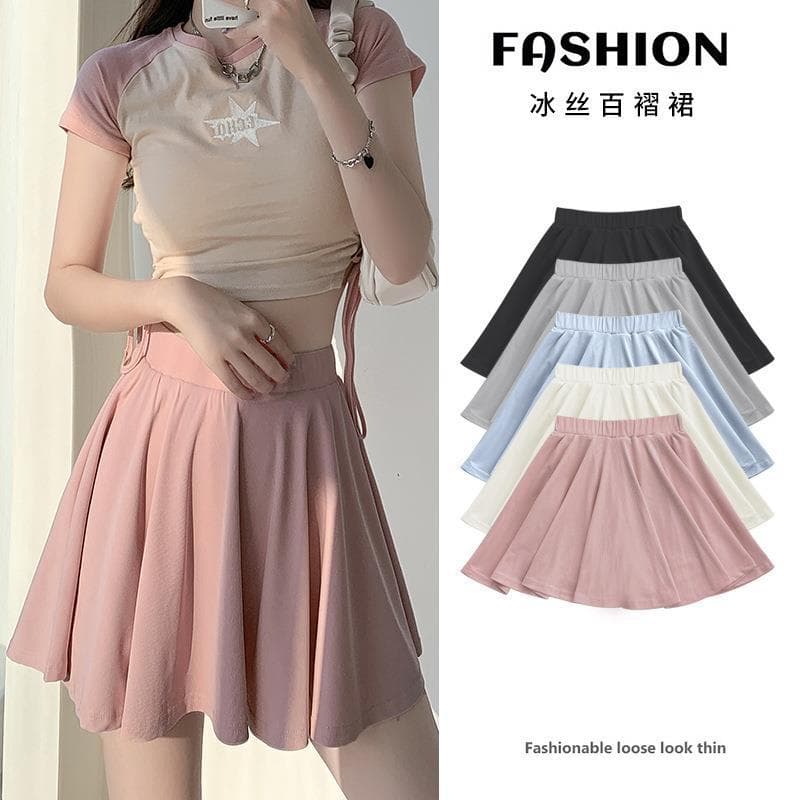 High Waist Ice Silk Pleated Mini Skirt Women's Summer Slimming Hip Covering Anti-Light A-Line Short Skirt College Style