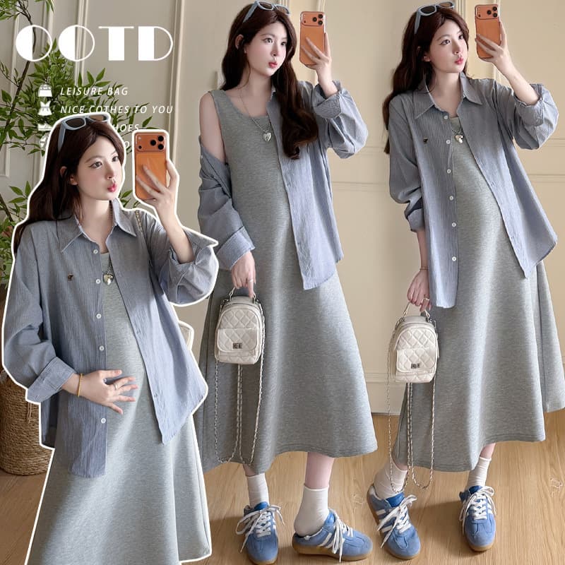 Maternity Outfit Trendy Mom New Style Spring and Autumn Fashionable Stylish Blue Embroidered Shirt and Vest Dress Two-Piece Set