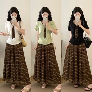 Plus Size Women's 2026 Summer New French Elegant Scarf Arc Short Sleeve Polka Dot Skirt Set