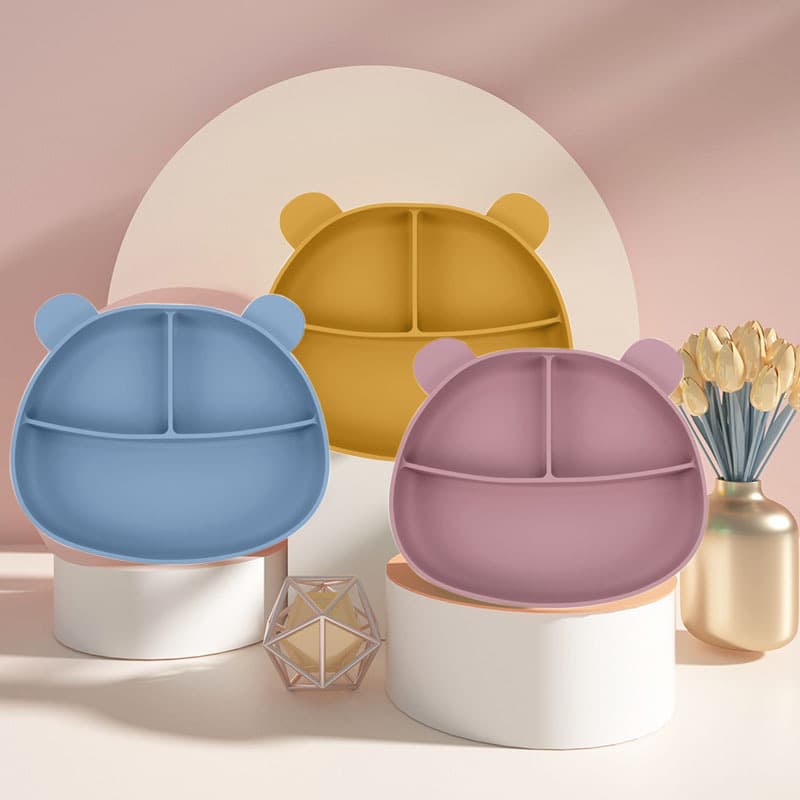 Baby Silicone Dinner Plate with Suction Cup Anti-Scalding Anti-Fall Cartoon Bear Dish Child Supplementary Food Utensils