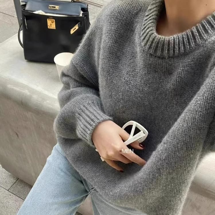 Kendall Jenner style~ Autumn/Winter Women's Wool Sweater in Gray, Crew Neck Pullover Knit, Lazy Fashion Loose Fit Thick Sweater