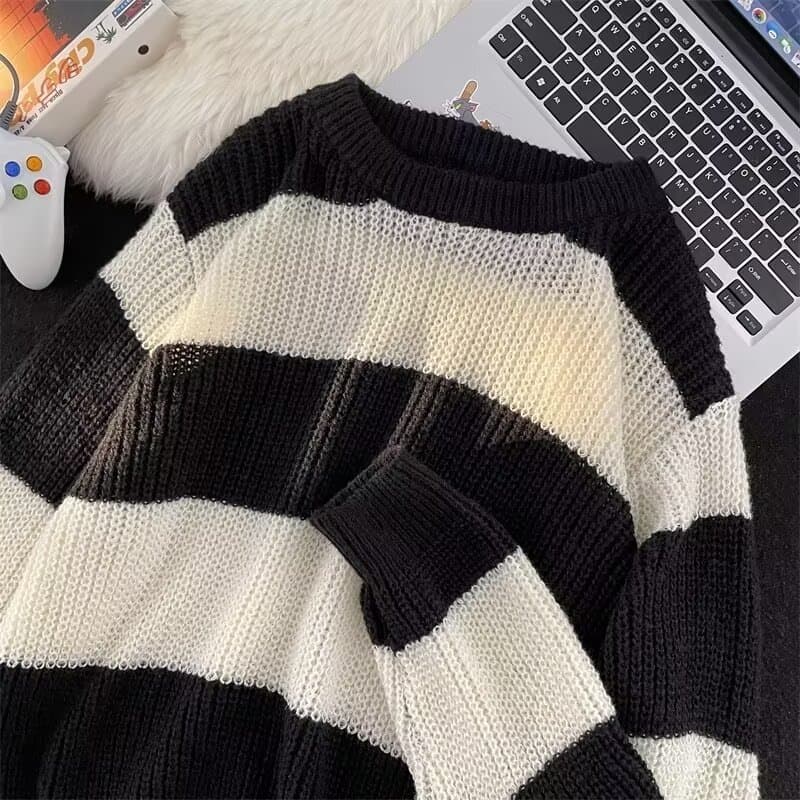 Men's Loose-Fit Retro Striped Knit Sweater, Casual & Versatile Coat for Autumn and Winter 2024