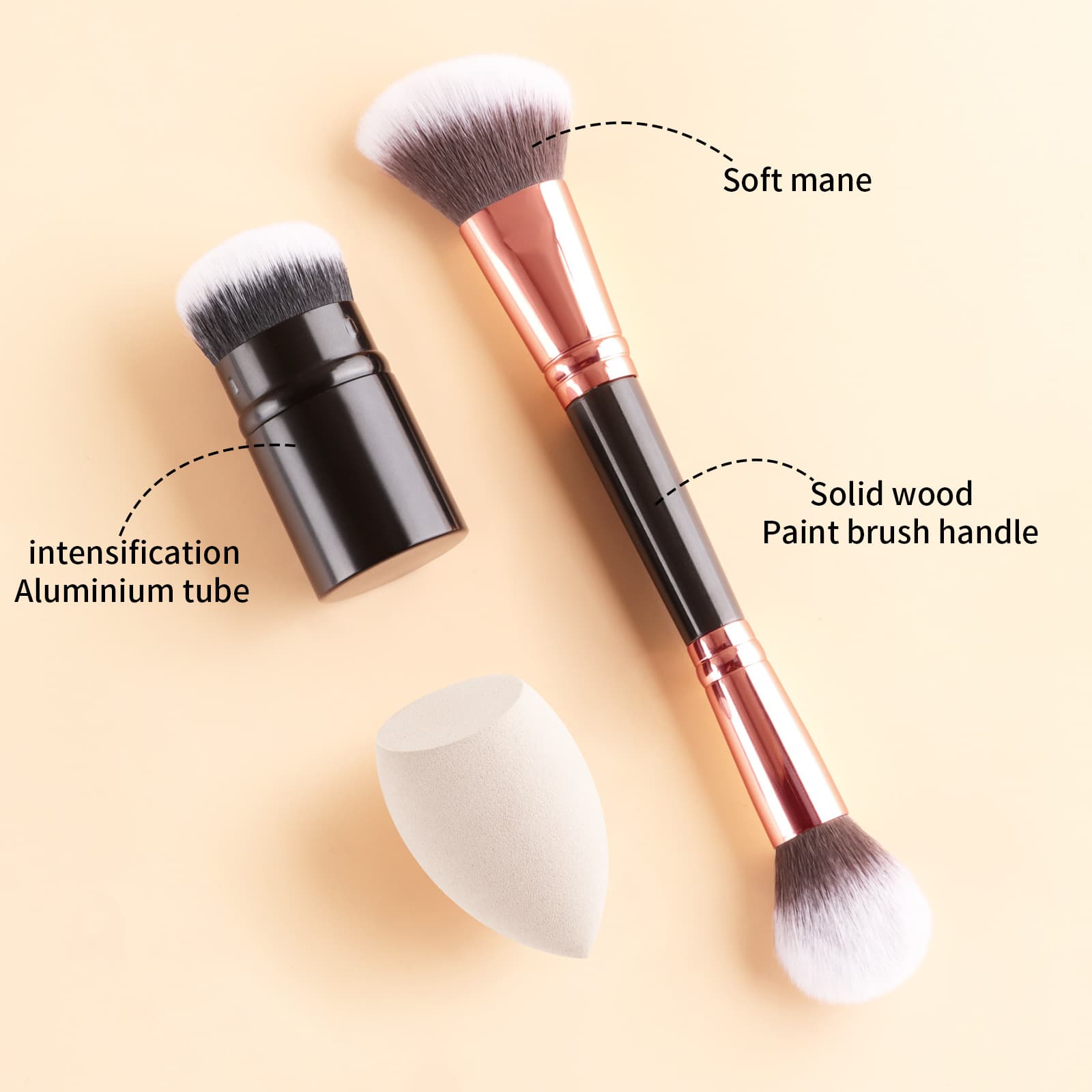 Dual-Ended Makeup Brush + Retractable Brush + Makeup Sponge 3-Piece Set, Portable and Easy to Apply Makeup Brushes