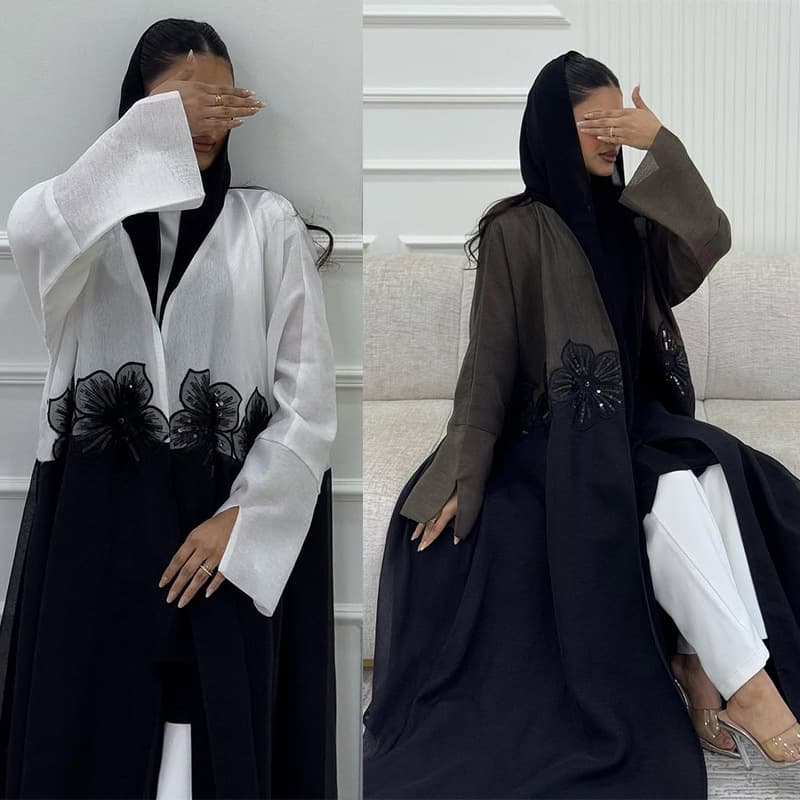 MQ210 2025 Summer Modest Cross-Border Open-Front Cardigan Fashionable 3D Applique Wrinkle Texture High-End Elegant Long Dress