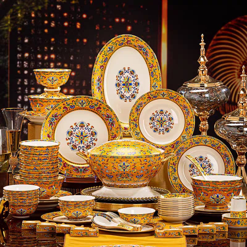 Jingdezhen tableware set Chinese style enamel palace style bone china bowls and plates set complete wholesale gift box