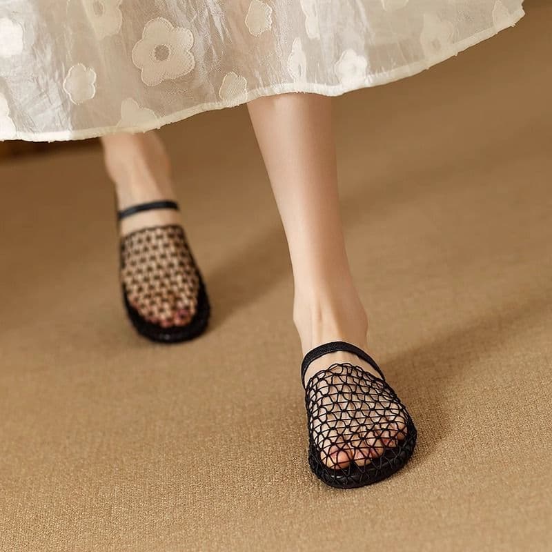 Casual Versatile One-Strap Round-Toe Flat Sandals Summer New Trendy High-Fashion Mesh Woven Closed-Toe Slides