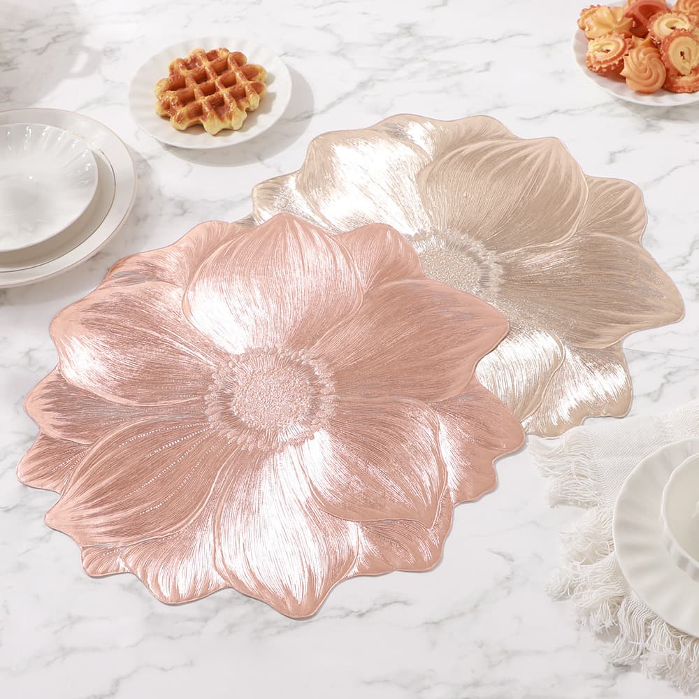 Spring Flower Pattern PVC Gold Foil Table Mat, Waterproof, Premium Ins Style Table Decor Mat, Placemat & Coaster
