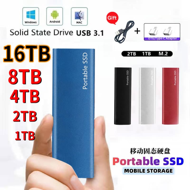 Cross-border e-commerce SSD portable hard drive, large capacity, new solid-state drive, 2TB/4TB high-speed metal solid-state USB flash drive, blue.