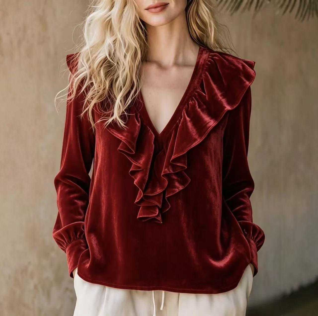 2026 Fall New Velvet V-Neck Ruffle Elegant Blouse for Women, Amazon Cross-Border
