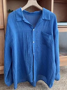 Klein Blue Cotton-Linen Polo Collar Shirt for Women 2026 Summer New Style Loose Linen Long-Sleeve Sun Protection Shirt