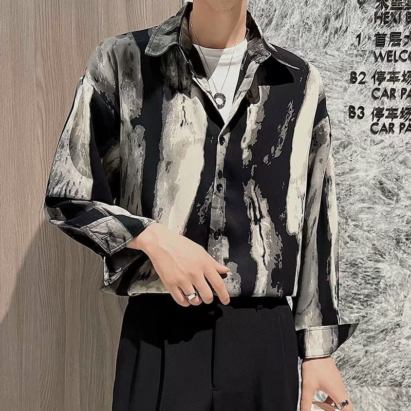 Light mature style high-end loose ink print shirt men's long-sleeved retro ins flower drape handsome trendy shirt