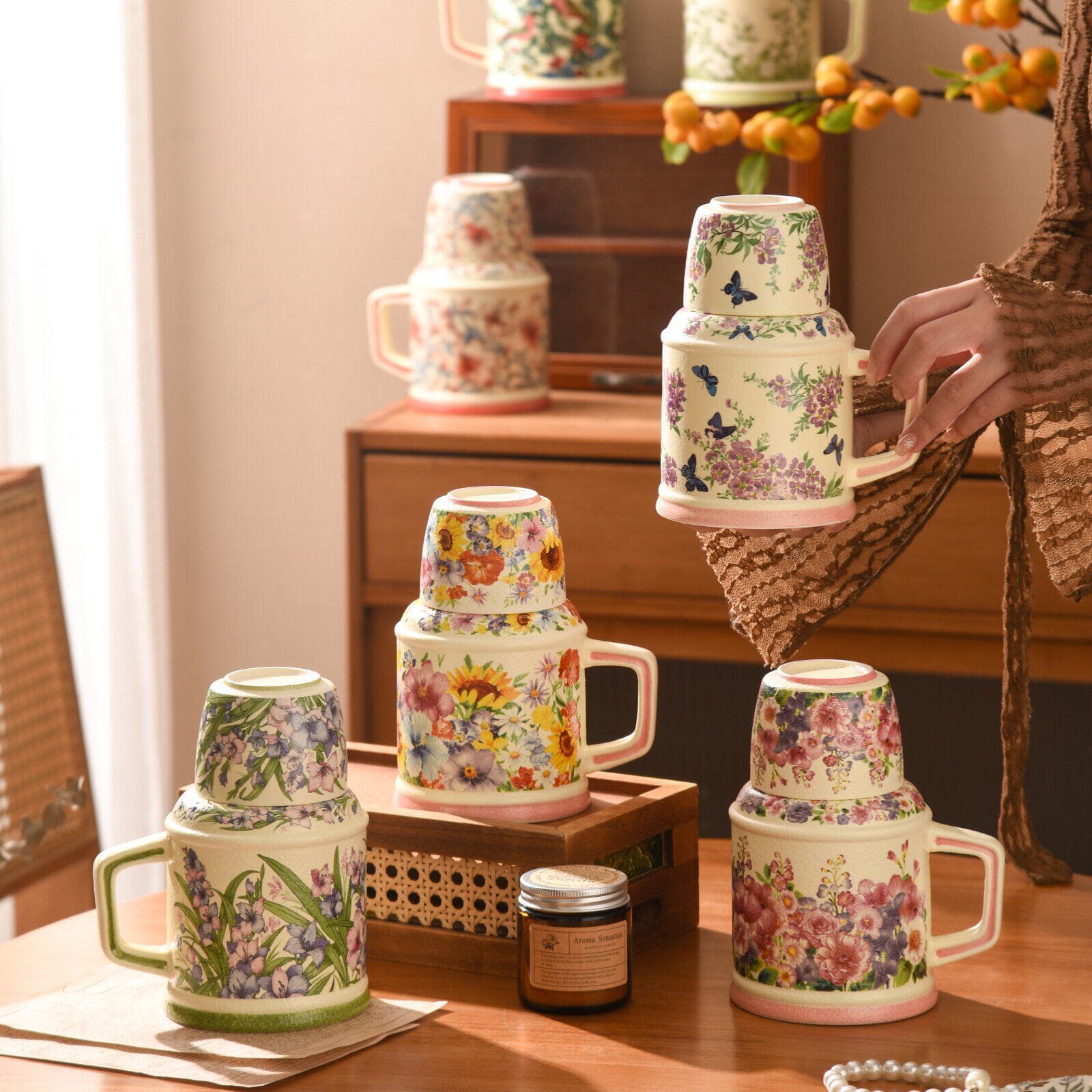 Retro-Style Floral Ceramic Kettle, Large-Capacity Mug, Creative Flower Tea Cup, Office-Specific Ceramic Water Cup Kettle