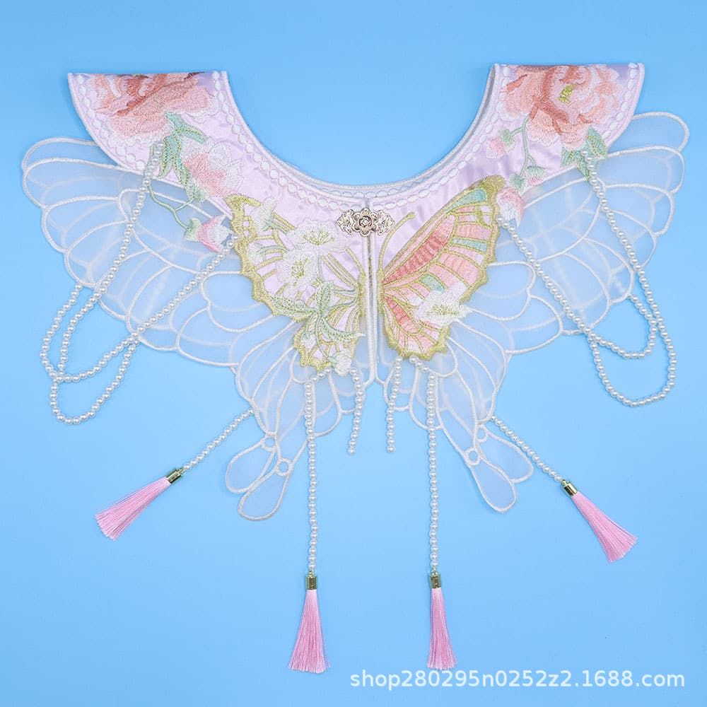 Butterfly Floral Embroidery Cloud Collar, Organza Beaded Tassel Shawl, Horse-face Skirt Hanfu Accessory Detachable Collar