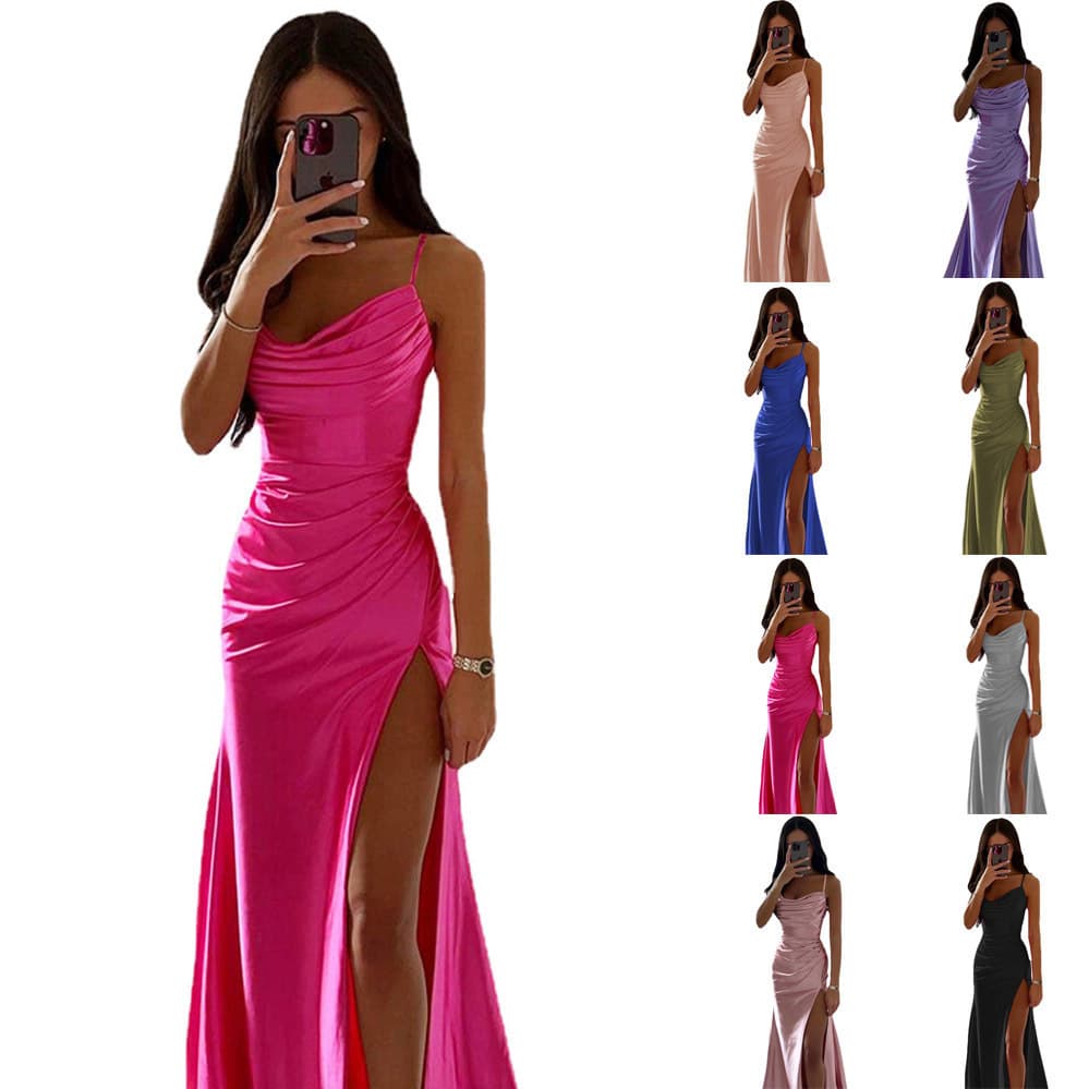 Cross-border European and American sexy suspender tube top satin long dress women's pleated mermaid slim slim dress