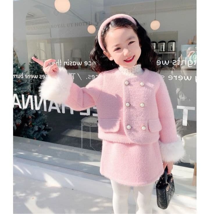 New Year Girls' Set Quilted Thickened Little Chanel Style Faux Fur Coat with Bodycon Skirt 2026 Winter New Arrival Export
