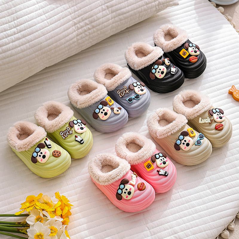 C Children's Waterproof Fleece-Lined Cartoon Warm Slippers for Boys, Winter Wear, Plush Cropped Slippers for Girls