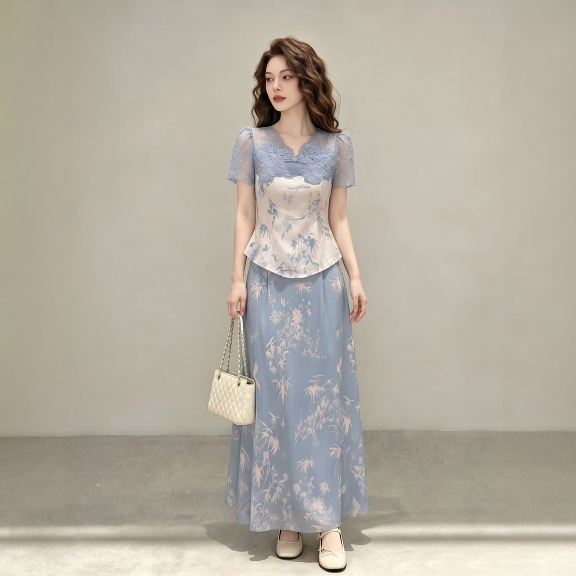 260470 Summer Complete Set, New Chinese National Style High-End Blue Top and Skirt Set for Women, Commute, Slimming