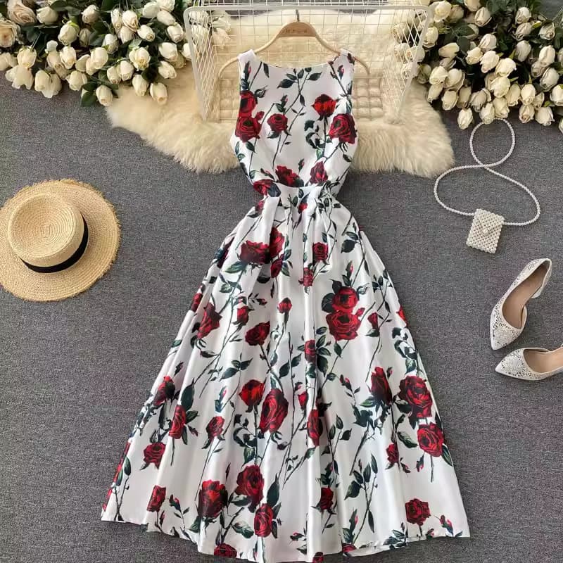 French retro printed dress with waist, new summer style, slim temperament, Hepburn style slim mid-length dress for women