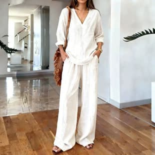 2026 Cross-border EU/US Amazon Independent Station Linen Set Casual Fashion V-Neck Long Sleeve Long Pants Two-Piece Set
