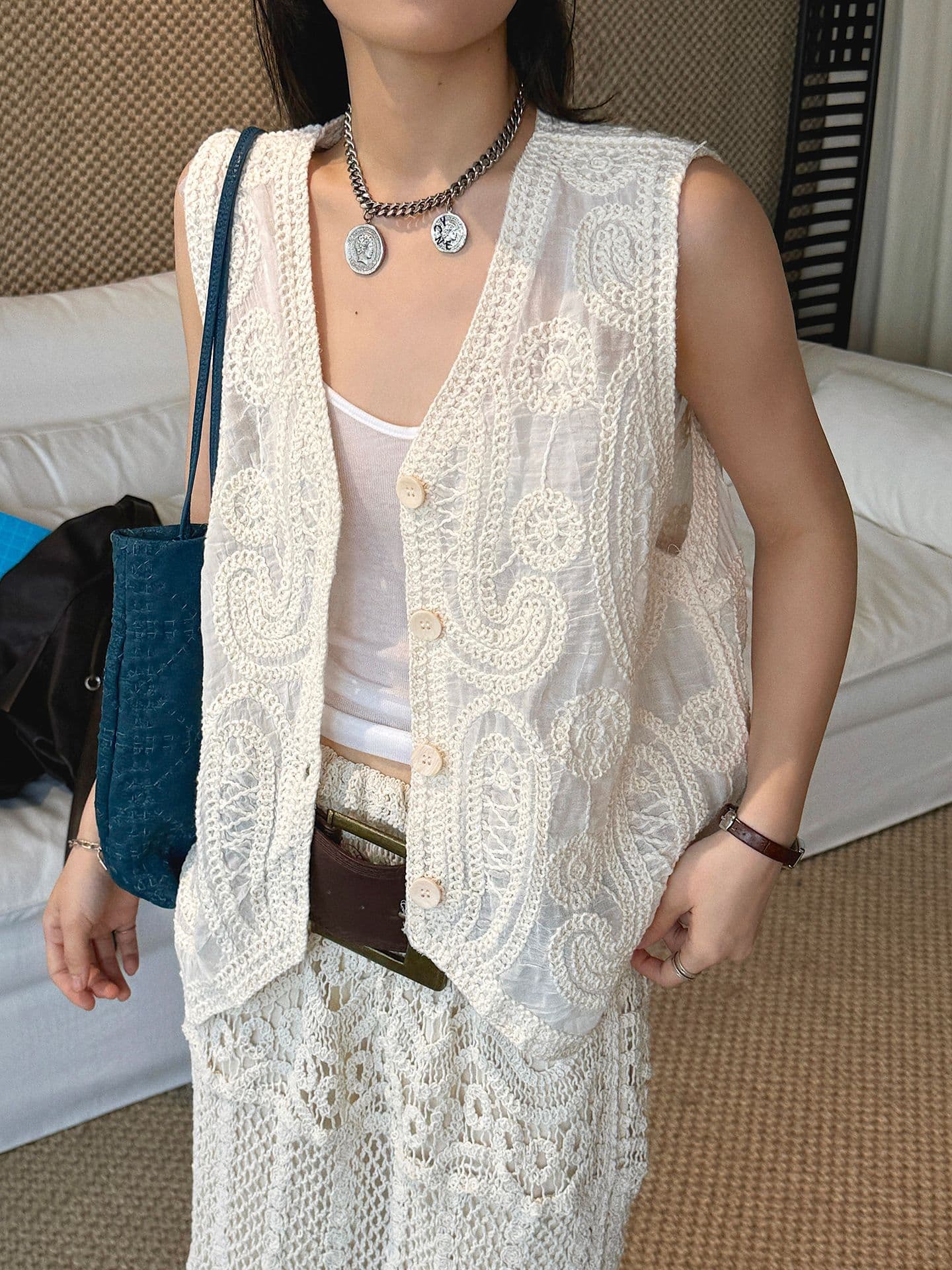 French Bohemian Embroidered Lace Vest Handcrafted Sleeveless Top for Women