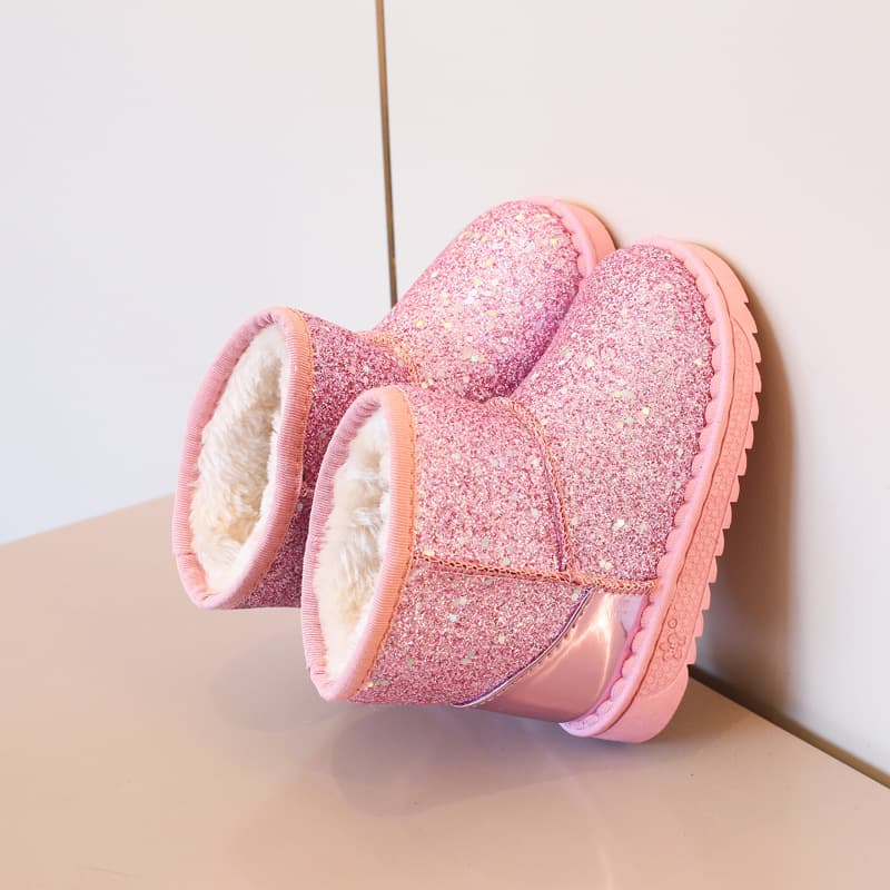 Girls Snow Boots 2024 Winter New Style Versatile Glitter Princess Cotton Shoes Big Girls Fleece-Lined Warm Short Boots
