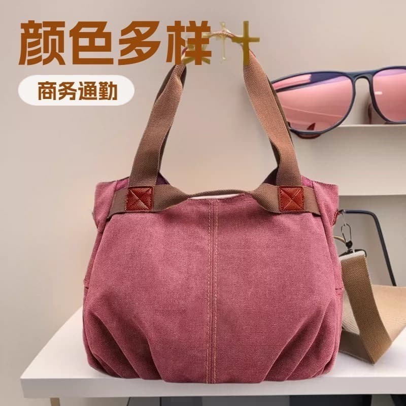 Vintage Large Capacity Canvas Women's Bag Crossbody Handbag Simple Match Soft Polyester Lining Zipper Closure Tote Bag