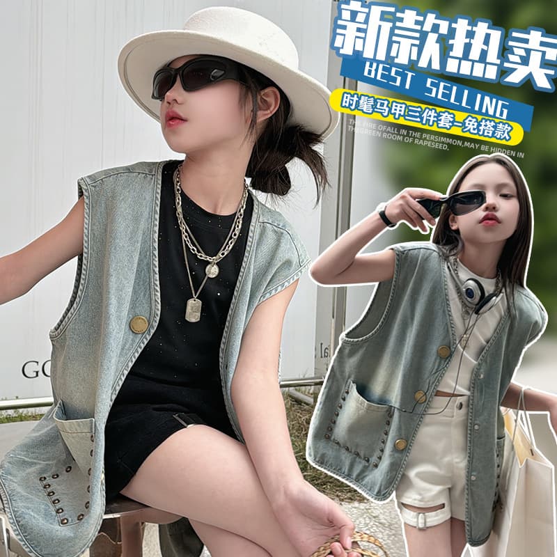 Girls' Summer Thin Denim Vest Jacket 2025 New Style Girls' Summer Sleeveless Top Mid-Length Korean Style Trendy