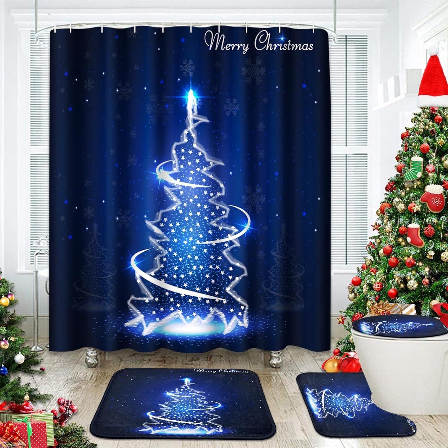 Cross-border New Purple Shimmer Christmas Tree Holiday Bathroom Shower Curtain Bathroom Scene Fabric Partition Curtain