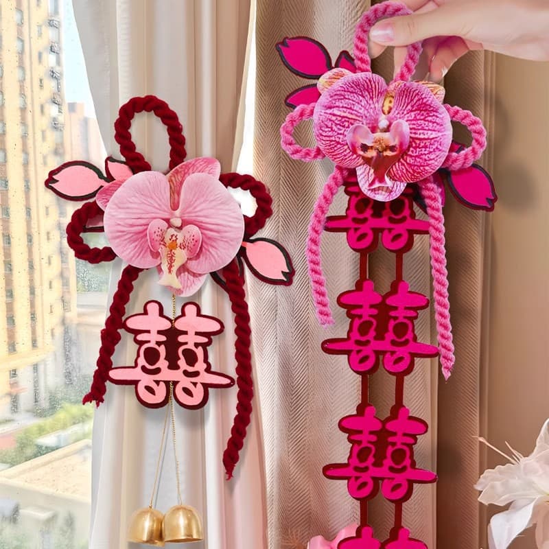 Wedding Room Decoration Curtain Tiebacks and Ribbons, Complete Set of Wedding Supplies, Double Happiness Hanging Ornaments for Bride's New Home Bedroom Decor