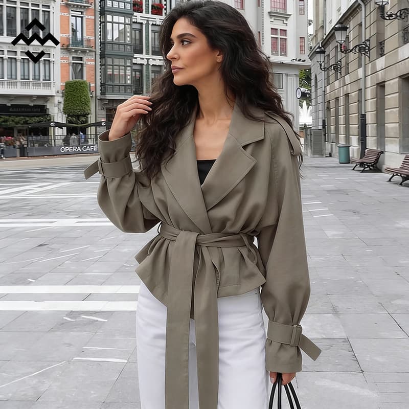 Cross-border spot high-end French large lapel lace-up windbreaker European and American commuter women's windbreaker fashionable temperament jacket