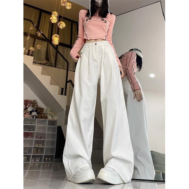 Pear-Shaped Plus Size Retro Cement Gray Wide-Leg Jeans for Women Fall New Loose Straight-Leg Floor-Length Pants for Curvy Figures