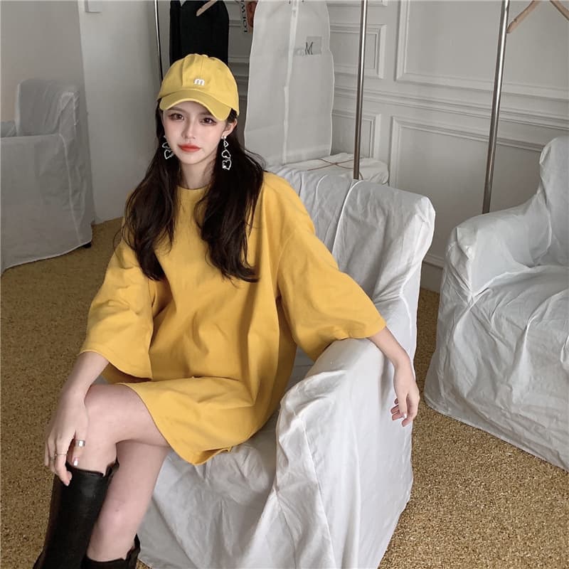 2023 New Candy Color Loose Mid-Length Oversized Short Sleeve Top Versatile Round Neck Petite Short Sleeve T-Shirt for Women
