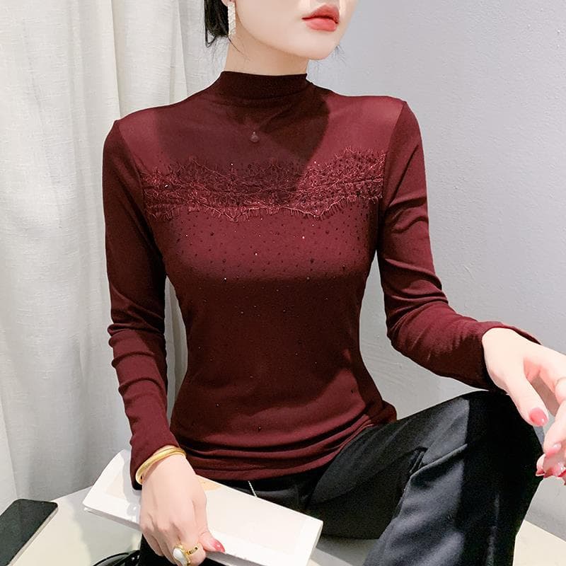 European style real shot, new trendy versatile fitted high-neck lace rhinestone long-sleeve mesh base top for women, dropshipping available