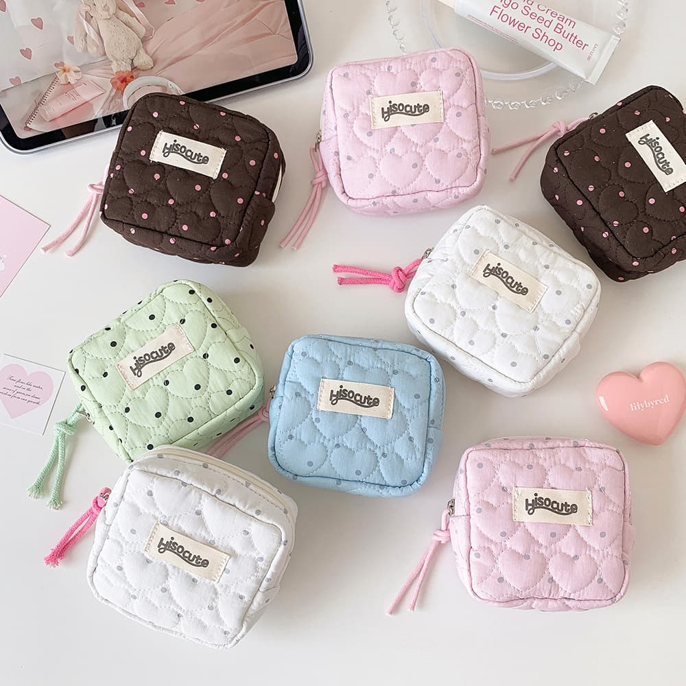 Quilted Love Polka Dot Cosmetic Bag Lipstick Bag Bluetooth Headphone Storage Bag Portable Coin Purse Sanitary Napkin Storage Bag