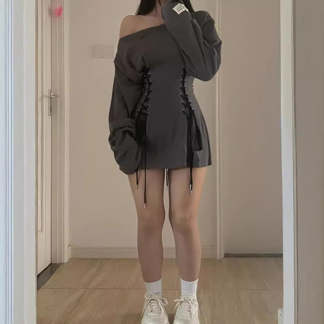 Plus Size 300lbs Waist-Cinching Off-Shoulder Drawstring Loose Fit Long Sleeve Dress for Women, Cool Streetwear Sweatshirt Dress