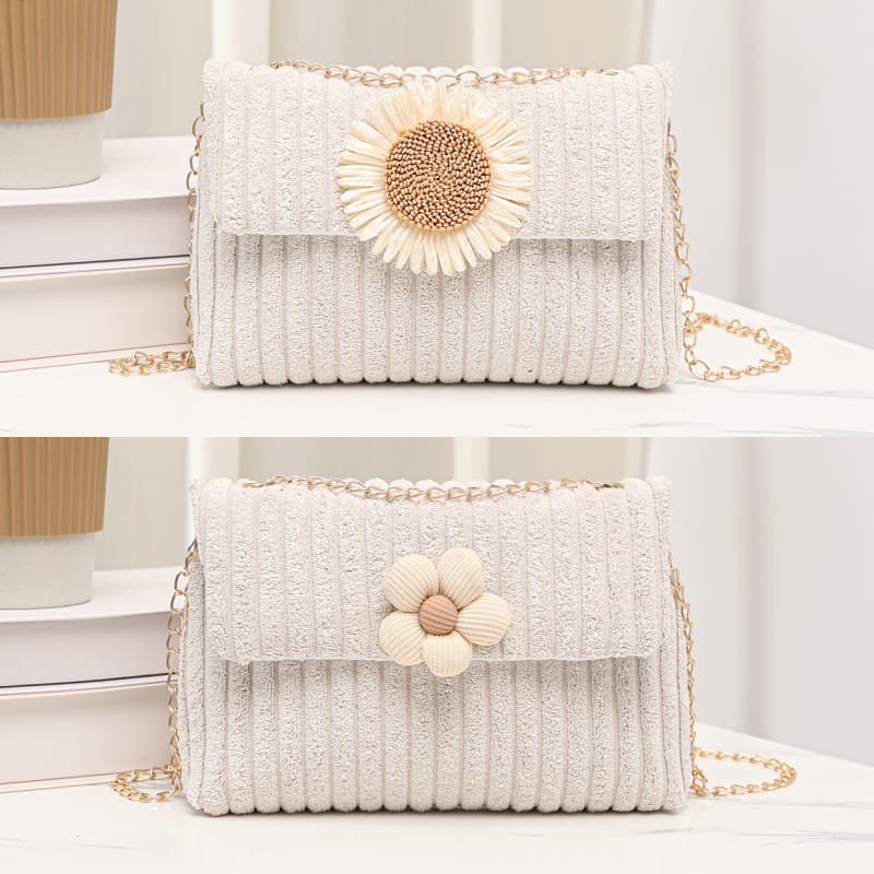 2025 Fall/Winter New Corduroy Women's Bag Simple Fashionable Chic Straw Woven Flower Crossbody Bag Trendy Small Square Bag