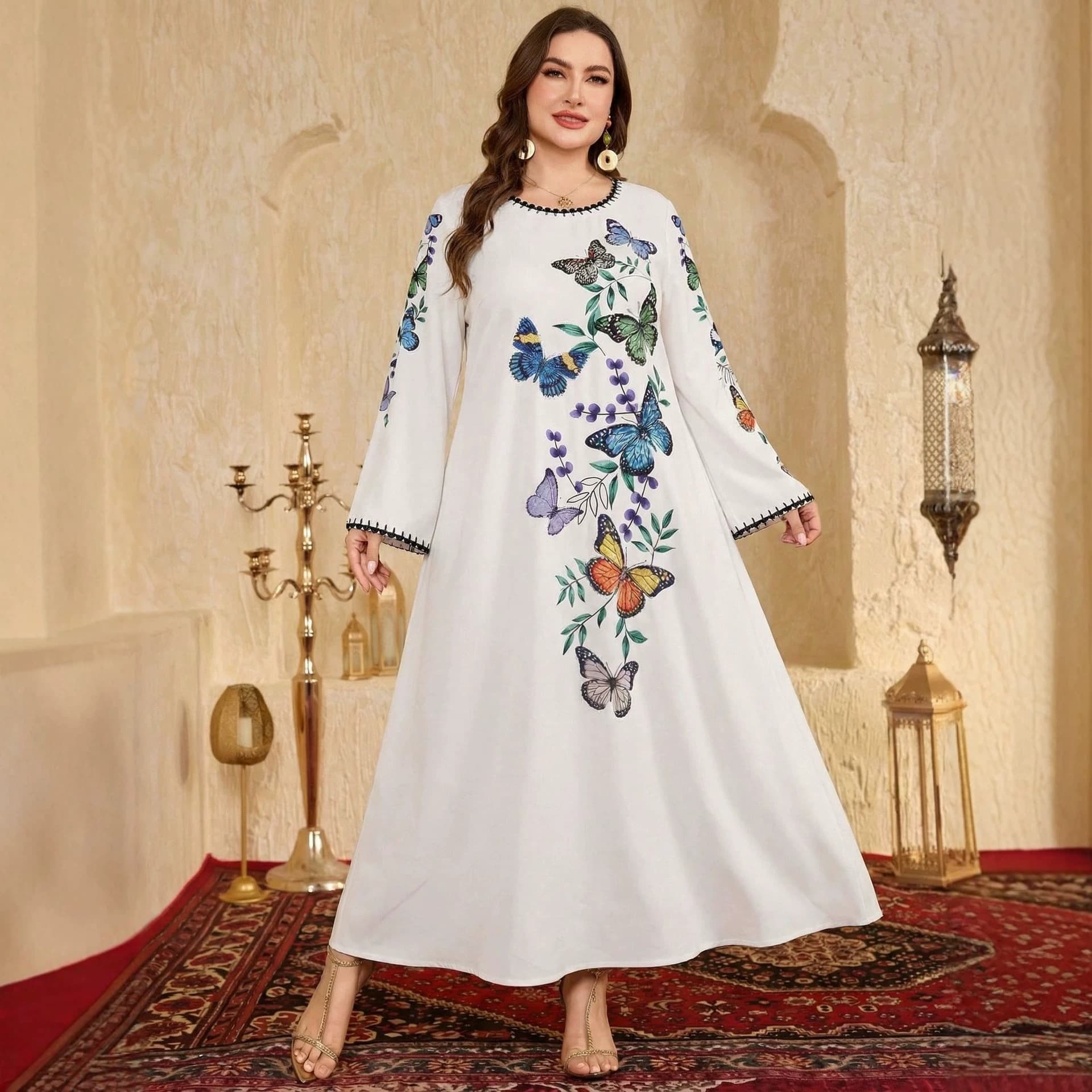 Plus Size Ethnic Style Long Loose Dress with Positioned Print Regional Flair Round Neck