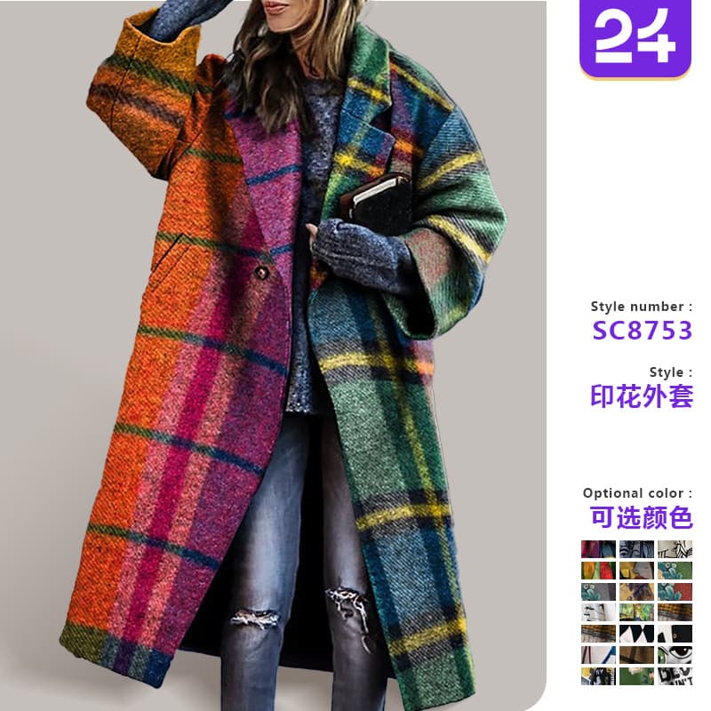 2025 cross-border new European and American autumn export women's wear Amazon long-sleeve lapel jacket print wool plus-size trench coat