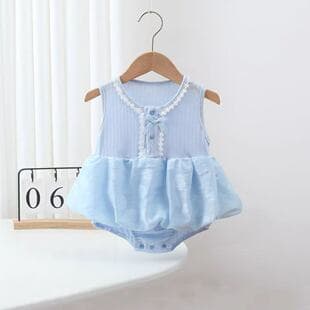 New Summer Light Blue Lace Sleeveless Dress Bodysuit for Baby Girls, Sweet and Stylish Outwear, Super Cute Crawling Suit