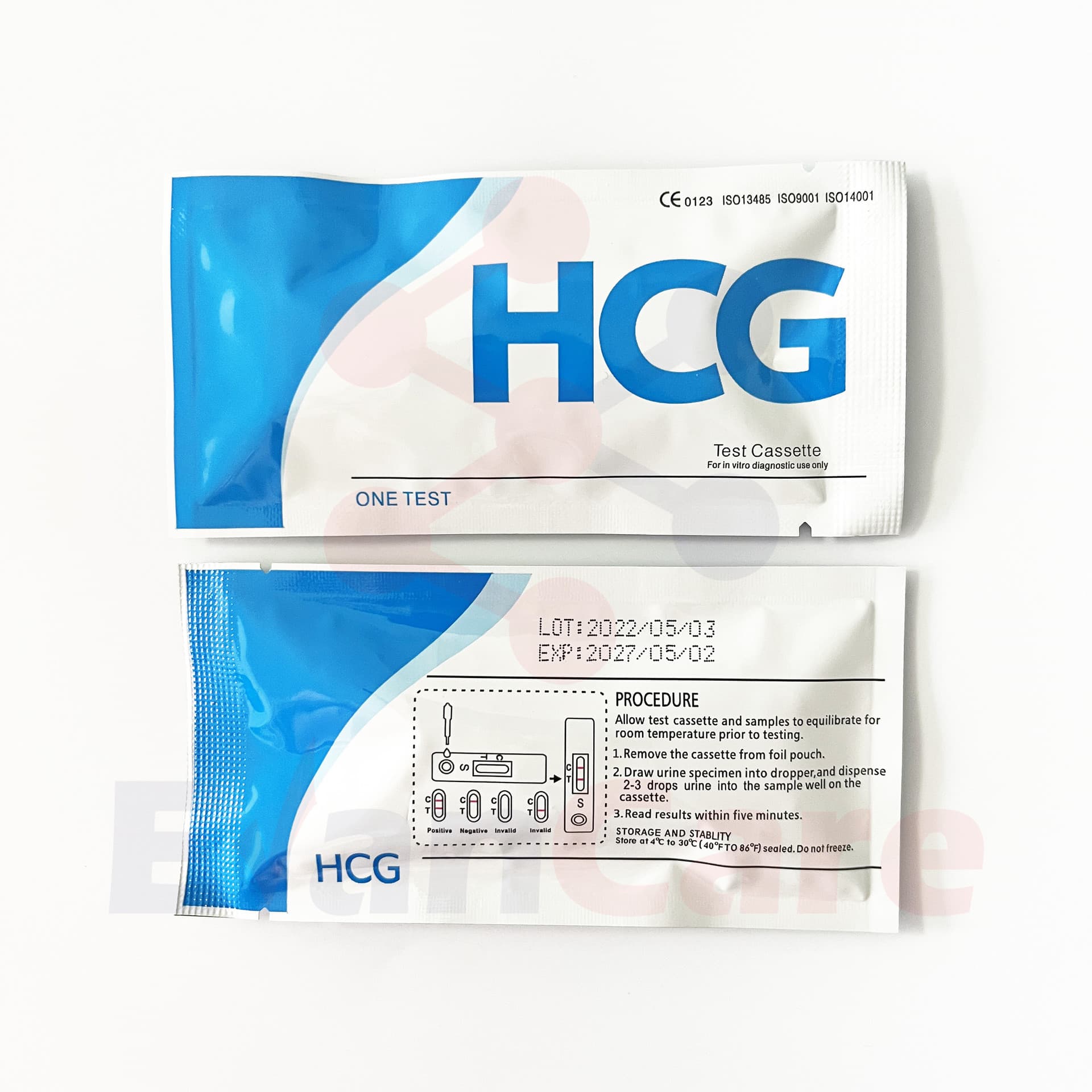 Export-Grade HCG Pregnancy Test Cards in Blue and White, English Packaging, Including Test Strips and Midstream Tests