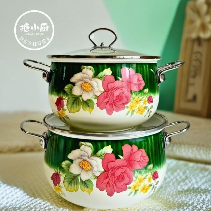 Tangxiaochu Home Enamel Pot, Thickened Double-handled Covered Soup Pot for Induction Cooktops