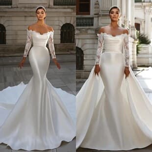 Mermaid wedding dress off-shoulder lace satin pleated fitted long train French simple wedding bride main dress gown