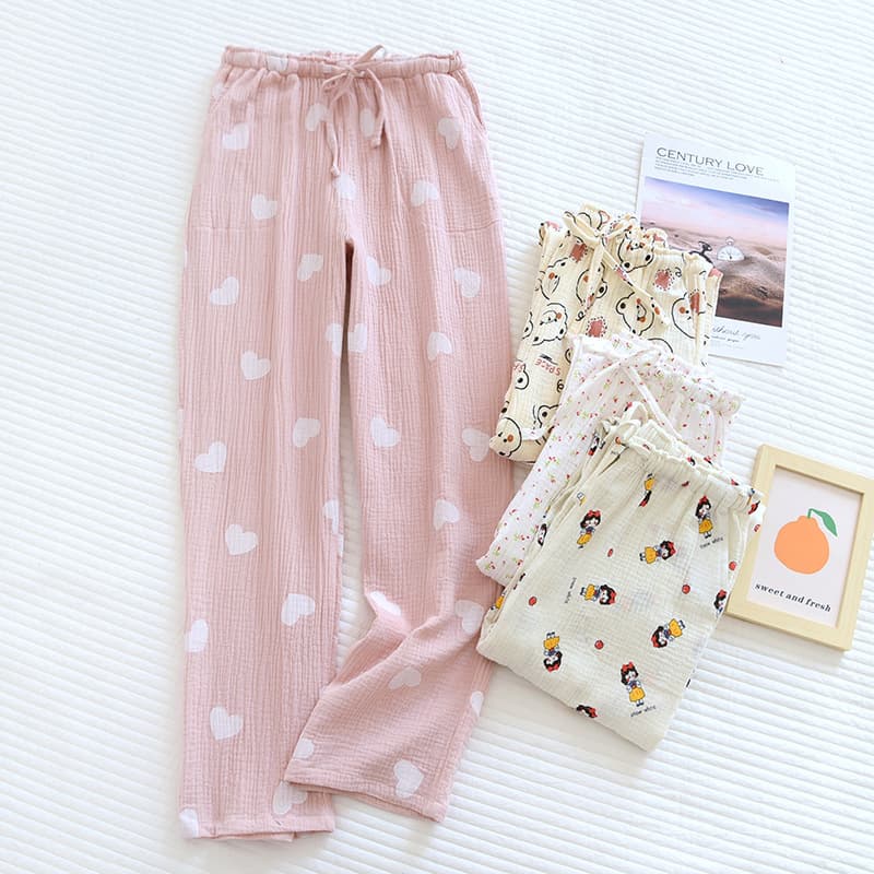Women's Double-Layer Gauze Japanese-Style Plus-Size Long Pants for Summer, Crinkled Fabric Straight-Leg Home Pants Sleep Pants