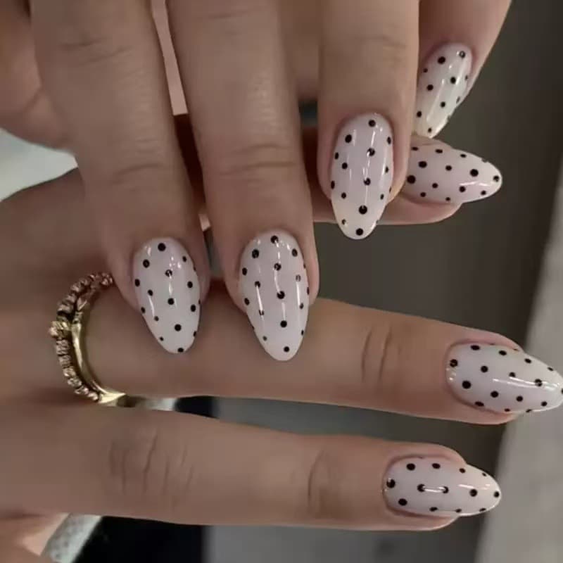New White Base Black Dot Polka Nails Black Long Almond False Nails Wholesale 24pcs Box