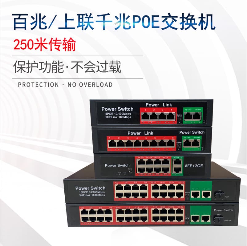 National standard PoE switch with 100Mbps or 1Gbps speeds, 4-port, 8-port, 16-port, 24-port dedicated Ethernet for surveillance, and 1 full Gbps connection.